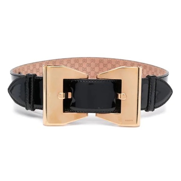 GUCCI Gold Bow Black Patent Belt - Picture 2 of 11